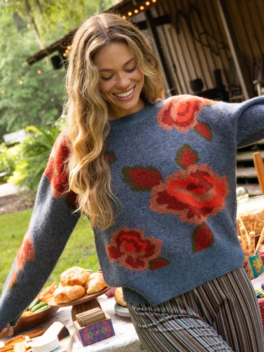 Natural Life Rosie Jaquard Womens Sweater Blue Floral XL Boxy Fit Wool Blend